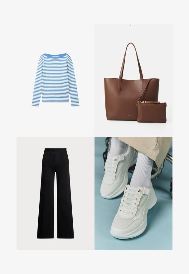 TOM TAILOR DENIM Camiseta de manga larga - blue white stripe; Pantalones de pierna ancha negros, fabricados en tejido entrelazado, con una cintura alta, cierre de botón en el frente y bolsillos laterales. Textura suave con líneas limpias.; Zapatillas blancas con material de malla, suela de goma, diseño sin cordones con bandas elásticas y detalles en tono dorado.; Bolso tote de imitación cuero marrón con dos asas largas y un pequeño bolso a juego. La superficie presenta un patrón texturizado y detalles en dorado.