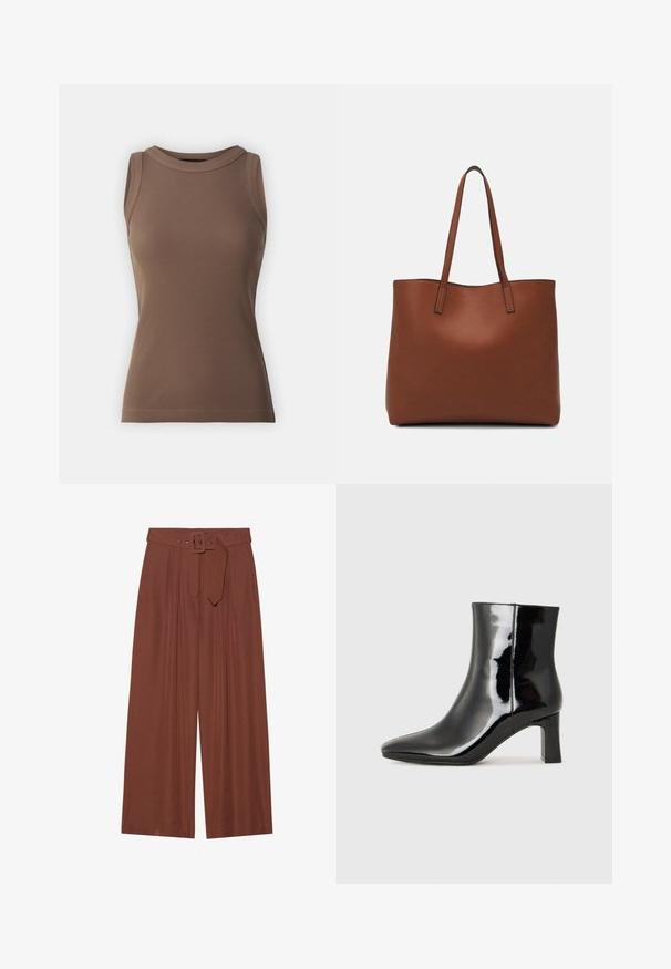 DRYKORN OLINA - Top - brown; Calças de perna larga em tecido castanho, com um cinto de fivela quadrada, design pregueado e textura suave.; Botim de tornozelo em pele sintética preta com bico apontado e salto bloco de altura média. Textura suave e design minimalista.; Bolsa tote de couro castanho com uma textura suave, design de abertura superior e duas alças para o ombro. Apresenta costura mínima e sem hardware visível.