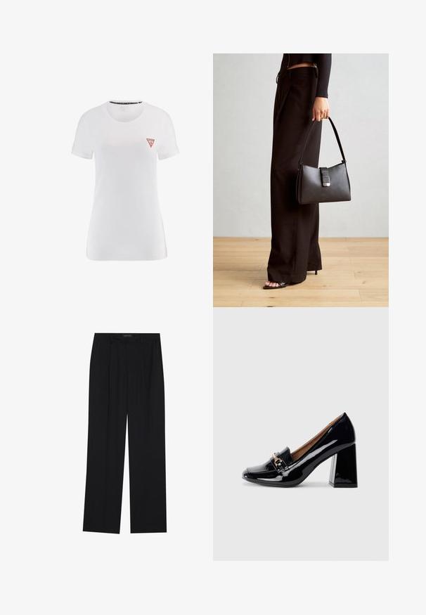 Camiseta de algodón blanca con mangas cortas y un cuello redondo clásico, que presenta un logo triangular rojo en el lado izquierdo del pecho.; Pantalones negros con un diseño de pierna recta, que cuentan con dos bolsillos frontales y una cinturilla. Fabricados con una tela suave y ligera.; Zapato de tacón alto de charol negro con puntera puntiaguda y tacón de bloque. Presenta una tira decorativa y detalle de hebilla en la parte superior.; Bolso negro con forma estructurada, textura suave y un cierre metálico. Combinado con pantalones anchos negros y sandalias de dedo en un suelo de madera.
