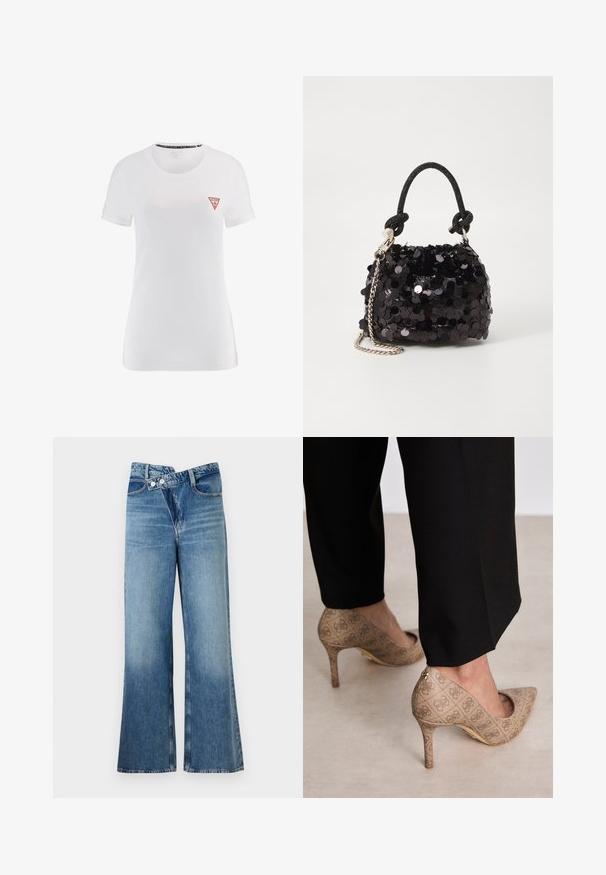 T-shirt en coton blanc à manches courtes et col rond classique, avec un logo triangulaire rouge sur la poitrine gauche.; Jean en denim bleu clair évasé à taille haute, doté de deux boutons et de poches avant. Le tissu a une texture décolorée avec des variations subtiles.; Chaussures à talons hauts beiges en tissu texturé avec un motif répétitif. Design à bout pointu avec un accent à l'arrière et détail de talon doré.; Mini sac à main en sequins noirs avec une bandoulière texturée nouée et une chaîne argentée. Forme arrondie avec un haut froncé et des détails réfléchissants.