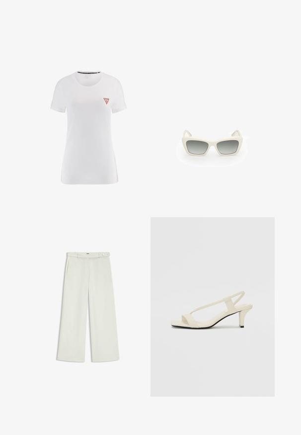 White cotton t-shirt with short sleeves and a classic crew neckline, featuring a red triangular logo on the left chest.; Wide-leg pants in light cream fabric, featuring side pockets, a flat front, and a single button closure at the waist. Smooth texture.; Beige block-heeled sandals with thin straps and a square toe. Smooth material with minimal detailing, designed for easy wear.; Sunglasses with a cat-eye design, white plastic frame, gray gradient lenses, and thin temples featuring subtle branding detail.