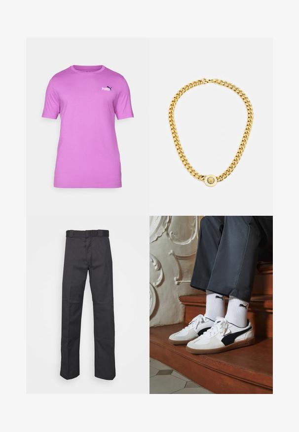 Īsām piedurknēm, apaļas kakla T-krekls gaiši rozā audumā, ar mazu melnu Puma logotipu kreisajā krūtī. Gluda tekstūra, ikdienas dizains.; Melnas bikses, izgatavotas no izturīga auduma, ar taisnu kāju dizainu, jostu ar cilpiņām un šuvēm papildu tekstūrai.; Puma kedas baltā un melnā zamšā, ar brūnu gumijas zoli. Pāris ar baltām zeķēm, kurās redzams melns logo, nēsātas ar tumšām biksēm.; Zelta ķēdes kaklarota ar lielām savstarpēji savienotām saitēm, centrā ar apaļu piekari, kurā ir izcelts emblema.
