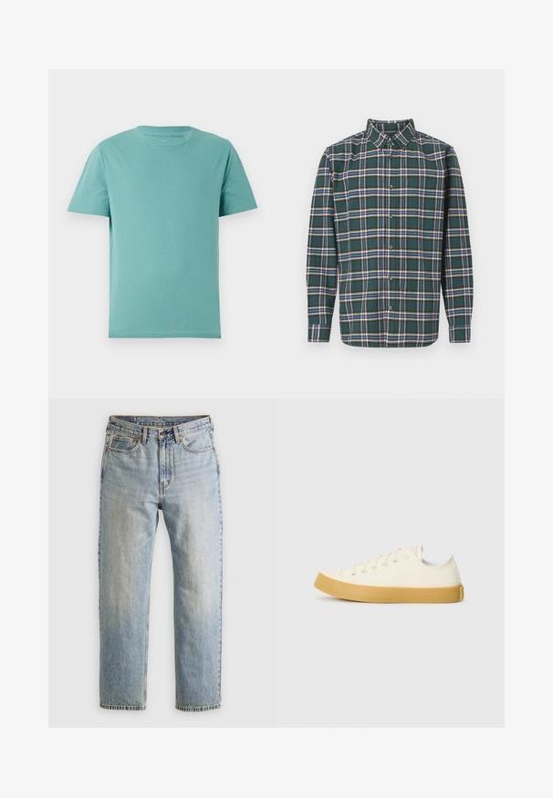 Világoskék pamut póló kerek nyakkal és rövid ujjal. Simább textúrával és egyszerű dizájnnal rendelkezik, minták vagy díszítések nélkül.; Zöld flanel ing, kockás mintázattal, amely kék, fehér és mustár sárga vonalakból áll. Gombos elülső rész és hegyes gallér. Hosszú ujjak.; Világoskék farmernadrág magas derékkal, elülső gombbal, cipzárral és öt zsebbel, sima háttérre fektetve.; Krémszínű vászon sportcipő, kerek orral, bézs gumi talppal és öt fűzőlyukkal, a felső részen texturált felülettel.