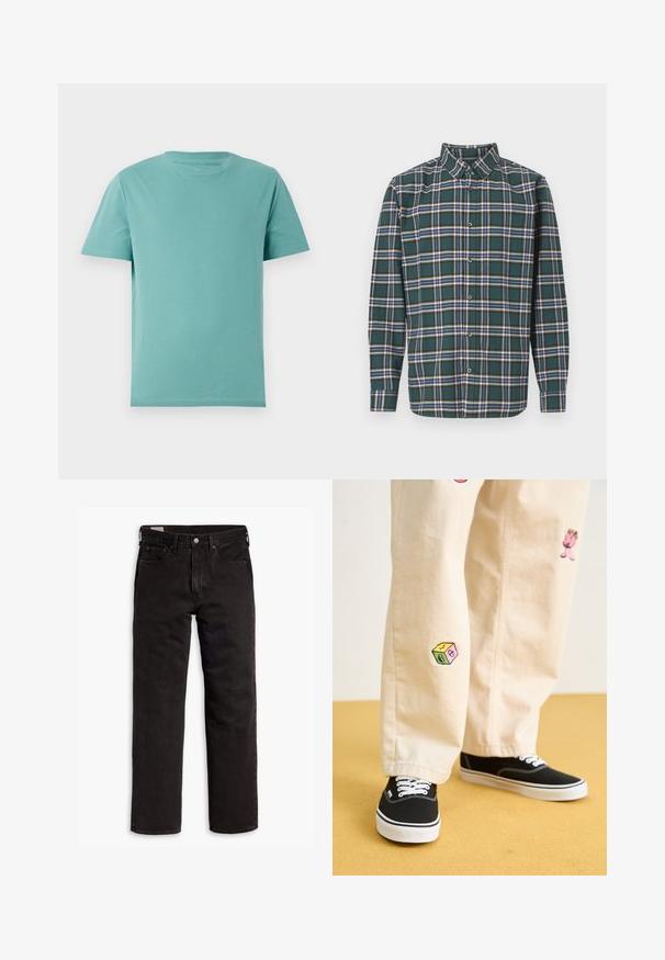 Light teal cotton t-shirt with a round crew neck and short sleeves. Smooth texture and simple design with no patterns or accents.; Green flannel shirt with a plaid pattern featuring blue, white, and mustard yellow lines. Buttoned front and pointed collar. Long sleeves.; Black straight-leg denim jeans with five pockets, button closure, and belt loops, laid flat on a white background.; Beige cotton pants with playful embroidered designs including a pink character and colored block, paired with black lace-up sneakers.