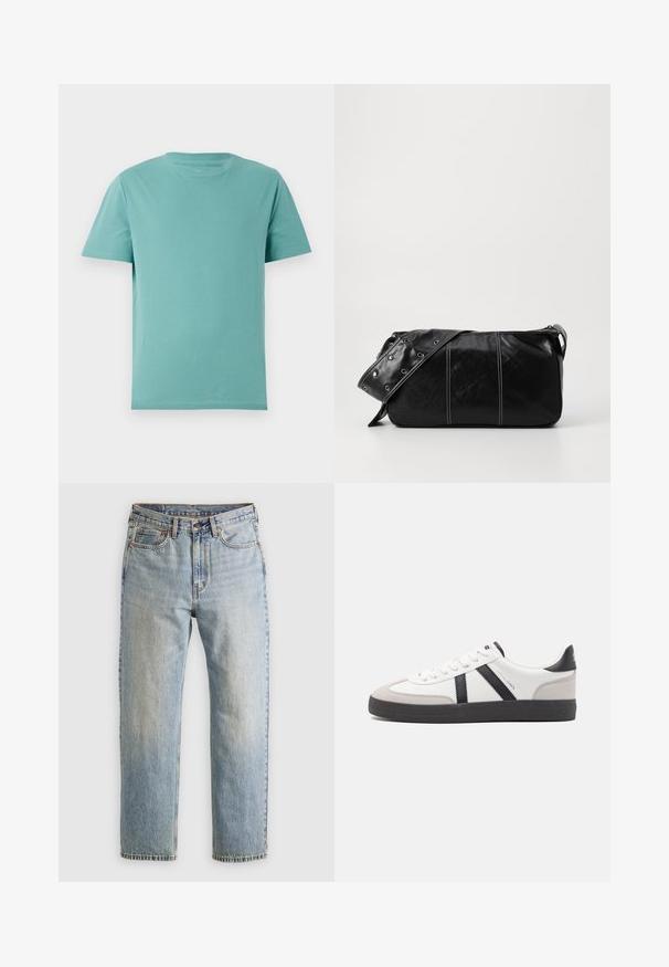 Tricou din bumbac de culoare teal deschis, cu guler rotund și mâneci scurte. Textură netedă și design simplu, fără modele sau accente.; Jeans din denim de culoare albastru deschis, cu talie înaltă, nasture frontal, fermoar și design cu cinci buzunare, așezate platesc pe un fundal neutru.; Sneaker alb cu accente negre și gri, având un capac de vârf gri texturat, talpă din cauciuc negru și șireturi plate albe. Design elegant, stil minimalist.; Geantă de umăr din piele neagră cu închidere cu fermoar, având un corp texturat, cusături albe și o curea cu ochiuri argintii.