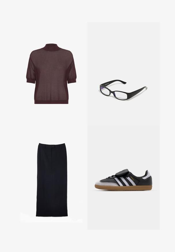 Kurzarmoberteil mit hohem Kragen aus tiefburgunderfarbener Strickware, das ein strukturiertes, offenes Muster sowie gerippte Säume und Bündchen aufweist.; Schwarzer, gerader, langer Rock aus glattem Stoff, mit einem Bund, zwei seitlichen Taschen und einer sauberen Verarbeitung ohne sichtbare Muster.; Schwarze Leder- und graue Wildleder-Sneaker mit weißen Streifen, Gummisohle, Schnürung vorne und Klettverschluss. Mit "Samba"-Markenlogo in Gold.; Schwarze rechteckige Brille mit klaren Gläsern. Glänzende Oberfläche, schmale Bügel und lila Tönung an den Rändern der Gläser sichtbar.; Goldfarbene Ohrringe mit einem Spiraldesign und geschichteten Kurven, die ein metallisches Finish und eine glatte Textur für visuelle Tiefe zeigen.