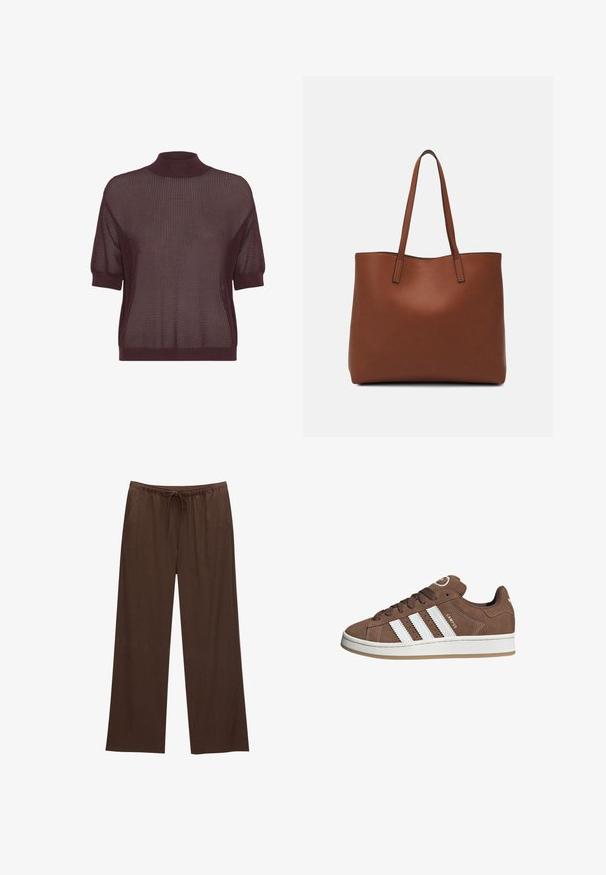 Top a maniche corte e collo alto in un profondo tessuto a maglia bordeaux, caratterizzato da un motivo testurizzato a trama aperta e orlo e polsini a coste.; Pantaloni larghi marroni realizzati in tessuto morbido, con vita elastica e cordoncino, e due tasche laterali.; Sneakers in suede marrone con strisce in pelle bianca, suola in gomma, punta rotonda e lacci. Presentano un logo sulla linguetta e dettagli perforati.; Borsa tote in pelle marrone con texture liscia, design con apertura superiore e due spallacci. Presenta cuciture minime e nessun hardware visibile.