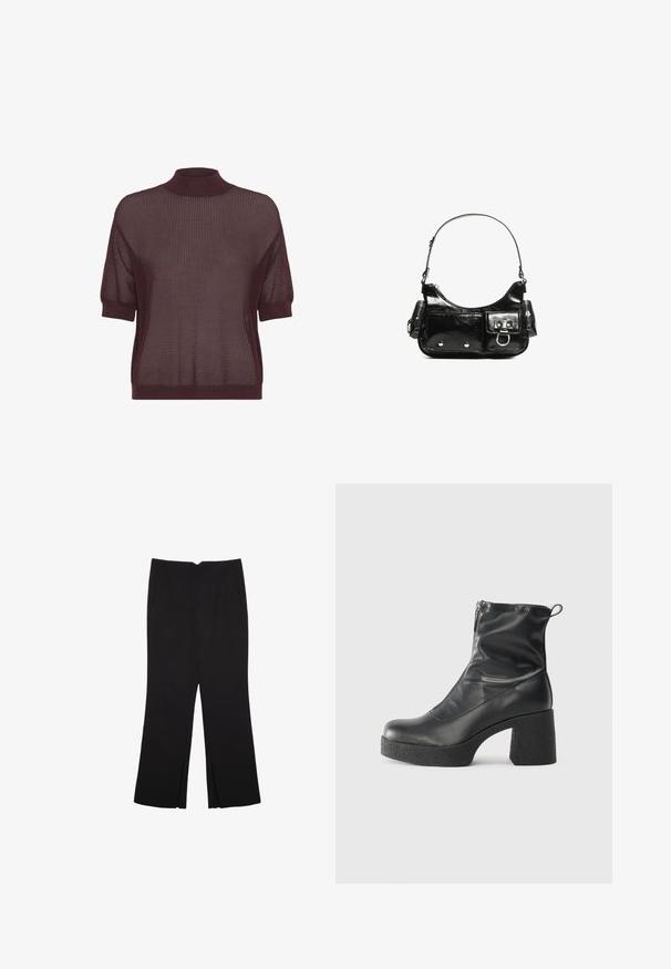 Short-sleeve, high-neck top in a deep burgundy knit fabric featuring a textured, open-weave pattern and ribbed hem and cuffs.; Black trousers with a straight fit, featuring front pockets and side slits at the hem. Made of soft, smooth fabric. Suitable for various occasions.; Black ankle boots made of smooth leather, featuring a side zipper, chunky textured heel, and rounded toe design.; Black patent leather handbag with a curved shape, one shoulder strap, front pockets, and silver-tone hardware accents.