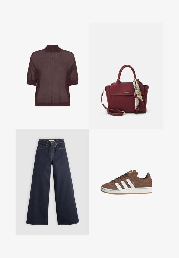 Top de manga corta y cuello alto en un tejido de punto burdeos profundo que presenta un patrón texturizado de tejido abierto y dobladillos y puños acanalados.; Jeans de denim de pierna ancha en azul oscuro con costuras en contraste. Presenta un diseño tradicional de cinco bolsillos y un cierre de botón en la cintura.; Zapatillas de ante marrón con rayas de cuero blanco, suela de goma, puntera redondeada y cierre de cordones. Presenta un logo en la lengüeta y acentos perforados.; Bolso burdeos de material sintético con un diseño estructurado, que cuenta con una correa desmontable y una bufanda con estampado floral atada al asa.