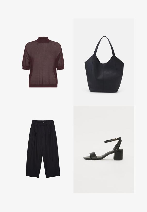Kurzarmoberteil mit hohem Kragen aus tiefburgunderfarbener Strickware, das ein strukturiertes, offenes Muster sowie gerippte Säume und Bündchen aufweist.; Schwarze Polyester-Culotte mit einem elastischen Bund, zwei vorderen Falten und einer lockeren Silhouette. Keine sichtbaren Muster oder Hardware-Details.; Schwarze High Heels Sandalen mit einem glatten Lederoberteil, offener Zehenpartie, breiten Vorderstraps und verstellbarem Knöchelriemen mit einem goldenen Schnallen-Detail.; Schwarze Tote-Bag aus glattem Leder, mit einem abgerundeten, offenen Oberteil, zwei Schulterträgern und einem minimalistischen Design.