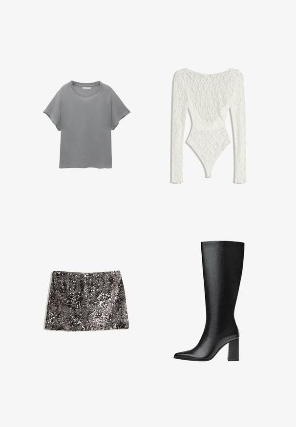 PULL&BEAR SHORT SLEEVE - T-shirt con stampa - grey; Body in pizzo bianco con maniche lunghe, caratterizzato da un motivo tessuto e un design della schiena bassa, che si stringe in un'apertura a gamba alta.; Gonna di paillettes, design corto e dritto, realizzata in tessuto con paillettes nere e argento, creando una superficie testurizzata e scintillante.; Stivale nero al ginocchio realizzato in pelle sintetica, con punta affusolata, texture liscia e tacco a blocco spesso. Design minimalista senza decorazioni visibili.