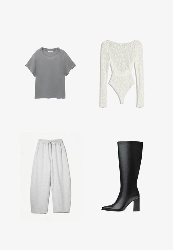 PULL&BEAR SHORT SLEEVE - T-shirt print - grey; Witte kanten bodysuit met lange mouwen, featuring een geweven patroon en een laag rugontwerp, taps toelopend naar een hoge beenopening.; Lichtgrijze sweatpants met een ontspannen pasvorm, elastische tailleband, trekkoord en zijzakken; gemaakt van zachte, gestructureerde stof.; Zwarte laars tot de knie van faux leer met een spitse neus, een gladde textuur en een chunky blokhak. Minimalistisch ontwerp zonder zichtbare accenten.
