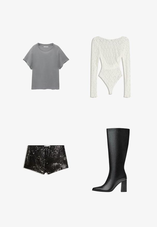 PULL&BEAR SHORT SLEEVE - T-shirts print - grey; Hvid blonde bodysuit med lange ærmer, prydet med et vævet mønster og en lav rygdesign, der taperer til en høj skåret benåbning.; Sorte pailletshorts med en tætsiddende design. Har glitrende pailletter, glat tekstur og en taljeelastik for en sikker pasform.; Sorte knæhøje støvler lavet af imiteret læder med spids tå, glat tekstur og en chunky blokhæl. Minimalistisk design uden synlige detaljer.