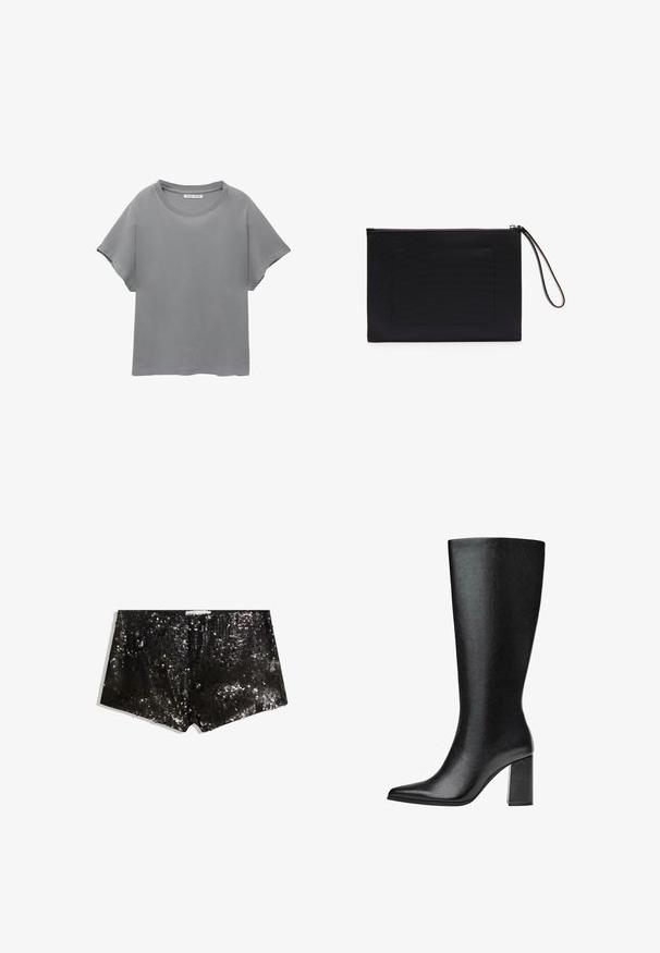 PULL&BEAR SHORT SLEEVE - Majica kratkih rukava s printom - grey; Crne šljokičaste kratke hlače s prilagođenim dizajnom. Sadrže sjajne šljokice, glatku teksturu i pojas za sigurno pristajanje.; Crne čizme do koljena napravljene od umjetne kože s šiljastim vrhom, glatkom teksturom i debelom blok petom. Minimalistički dizajn bez vidljivih akcenata.; Crna clutch torbica od teksturirane tkanine pravokutnog oblika, s patentnim zatvaračem i ručnom trakom. Ima prednji džep.