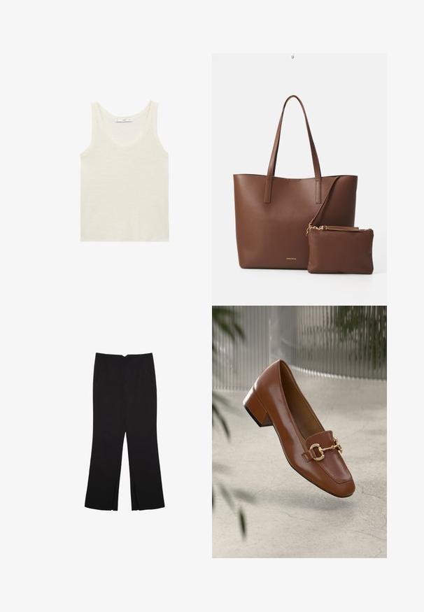 Top bianco a canotta realizzato in tessuto leggero. Presenta un collo arrotondato e ampie armature, con una texture liscia e un design minimale.; Pantaloni neri a gamba dritta, con tasche frontali e spacchi laterali all'orlo. Realizzati in tessuto morbido e liscio. Adatti a diverse occasioni.; Mocassino in pelle verniciata marrone con punta quadrata, accentato da catena metallica e tacco basso; texture liscia, design minimalista.; Borsa a tote in finta pelle marrone con due manici lunghi e una piccola pochette coordinata. La superficie presenta un motivo testurizzato e dettagli in metallo dorato.