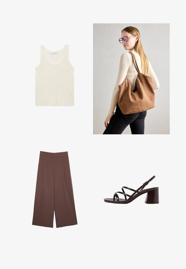 Hvid tanktop lavet af letvægtsstof. Har en rund halsudskæring og brede armhuller, med en glat tekstur og minimalistisk design.; Brune bredbunde bukser med en glat tekstur, der har høj talje og plisseringer foran. Stoffet er let og falder løst.; Brune strop sandal med høj hæl og kraftig hæl, der har en glat, blank finish og flere krydskrydsede stropper på overdelen.; Brun ruskind tote taske med blød tekstur, stor åbning og lange stropper. Har et enkelt design med synlige syninger og ingen hardware.