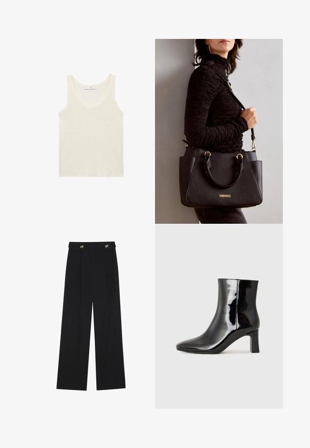 Hvid tanktop lavet af letvægtsstof. Har en rund halsudskæring og brede armhuller, med en glat tekstur og minimalistisk design.; Sorte vide bukser med høj talje, knapdetaljer på taljebåndet og frontfald.; Sort lakeret ankelstøvle med spids tå og en midt-højde blokhæl. Glat tekstur og minimalistisk design.; Sort håndtaske med struktureret overflade, dobbelt topbærere og justerbar skulderrem. Udstyret med guldfarvet metalhardware og sidelommer.