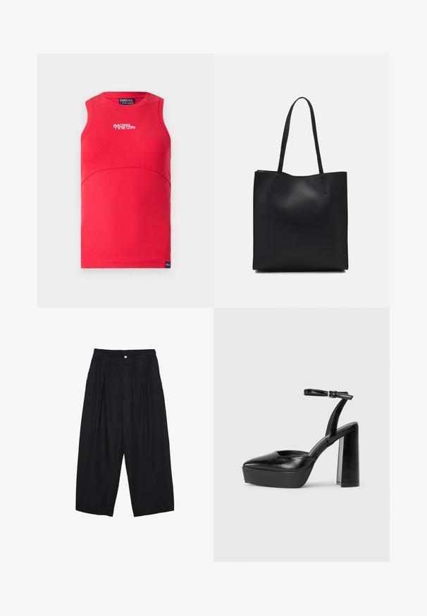 Röd ärmlös topp med ribbat mönster. Har en böjd söm, en rundad halsringning och vit text "RACING" framtill.; Svarta polyester culottbyxor med elastisk midja, två framfickor och en lös silhuett. Inga synliga mönster eller hårdvarudetaljer.; Svarta plattformsskor med spetsig tå och justerbart vristband. Tillverkade av mjukt läder, med en kraftig blockklack.; Svart lädertoffelväska med slät textur, rektangulär form och två långa handtag. Ingen synlig hårdvara eller dekorationer.