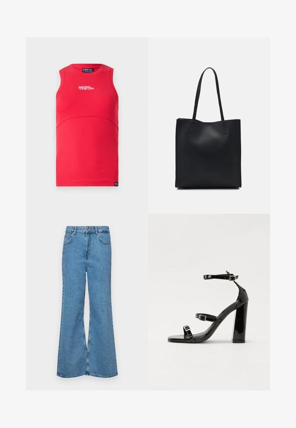 Rød ermeløs topp med en ribbet tekstur. Har en buet søm, en rund halslinning og hvit "RACING"-tekst på forsiden.; Lyseblå vide jeans laget av denim, med høyt liv, fem lommer og en enkelt knappelukking. Myk tekstur med falmet finish.; Svart høyglans sandaler med hæl, firkantet tå, ankelremmer og sølvspenner. Har en kraftig blokkhæl for stabilitet.; Svart lær tote bag med glatt tekstur, rektangulær form og to lange håndtak. Ingen synlige deler eller dekorasjoner.