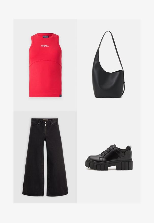 Piros ujjatlan felső bordás textúrával. Görbe varrással, kerek nyakkivágással és fehér "RACING" felirattal a frontján.; Fekete denim széles szárú farmer, cipzáros elejével, öt zsebes kialakítással és diszkrét varrással. Sima textúra és laza stílus.; Fekete bőr platform cipők vaskos blokk sarkakkal, kerek orral és hagyományos fűzős kialakítással. Simára csiszolt felület és minimális részletezés jellemzi.; Fekete bőr hobo táska sima textúrával, ívelt formával és egyetlen állítható pánttal; széles nyílás található a tetején.