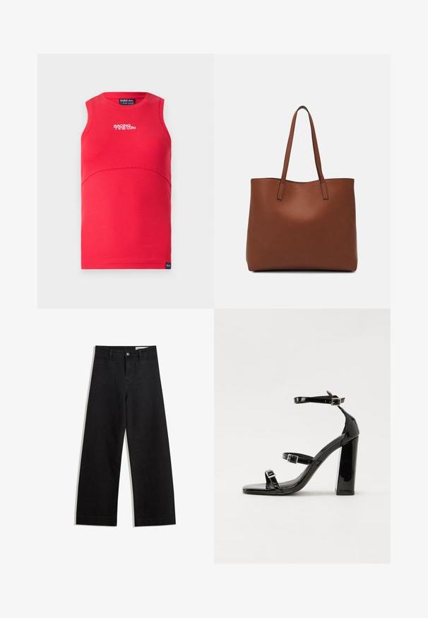 Crvena majica bez rukava s rebrastom teksturom. Ima zakrivljeni šav, okrugli izrez i bijeli natpis "RACING" na prednjem dijelu.; Crne široke traperice s visokim strukom, s prednjim i stražnjim džepovima, šivenim šavovima i kopčanjem na gumb. Glatka tekstura.; Crne lakirane sandale na pete sa kvadratnim nosom, trakama oko gležnja i srebrnim kopčama. Imaju čvrst blok petu za stabilnost.; Smeđa kožna torba preko ramena s glatkom teksturom, otvorenim vrhom i dvjema naramenicama. Ima minimalne šavove i nema vidljivog hardvera.