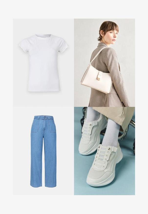 Biela bavlnená tričko s krátkymi, vlnitými rukávmi, okrúhlym výstrihom, priliehavým strihom, hladkou textúrou a bez viditeľných vzorov alebo ozdôb.; Svetlomodré džínsy s širokými nohavicami a opaskom v páse, dve predné vrecká a hladký povrch. Má minimalistický dizajn a čisté línie.; Biele tenisky s materiálom z mlátenice, gumovou podrážkou, bezšnúrovým dizajnom s elastickými pásikmi a pozlátenými akcentmi.; Biely kožený kabelka so štruktúrovaným dizajnom, s magnetickým uzáverom a ramenným popruhom, vystavená na neutrálnom pozadí.