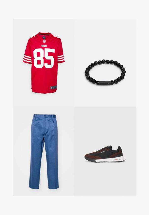 Sarkans NFL krekls ar baltām akcentiem, uz tā priekšpuses norādīts skaitlis "85" un "49ERS". Īsas piedurknes ar baltām svītrām, Nike logo ap kaklu.; Zili bikses, kas izgatavotas no gluda auduma, ar taisnu kāju dizainu, pogu aizdari un smalkiem šuvuma akcentiem.; Tommy Hilfiger RETRO RUNNER MIX - Treniņu apavi - black/cocoa; Melna pērlīšu aproce, kas izgatavota no spīdīgām apaļām pērlēm, ar teksturētu melnu akcenta elementu un nelielu logo detaļu.