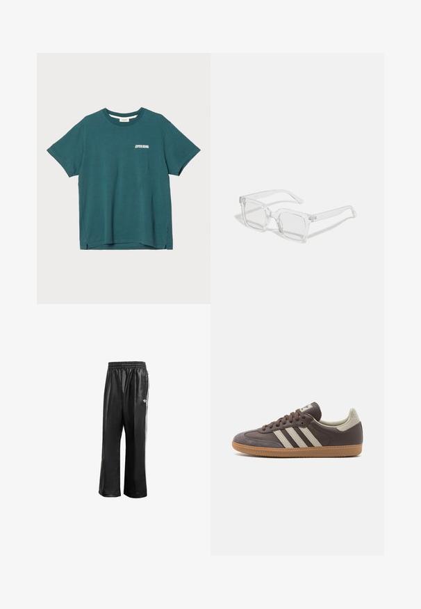 Pompeii PRE SEASON TEE - Camiseta estampada - emerald; Pantalones de chándal sintéticos negros con cinturilla elástica, que presentan rayas laterales blancas y un pequeño logo blanco en la cadera izquierda.; Zapatilla de cuero marrón con tres rayas de color claro, suela de goma, puntera redondeada y acentos de ante texturizados en el talón y la punta.; Gafas de sol rectangulares transparentes con un marco de plástico grueso, que presentan lentes ligeramente tintados y sin patrones o acentos adicionales.