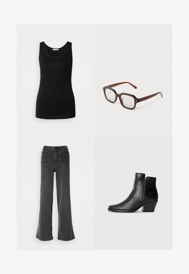 Čierny bezrukávový top, vyrobený z hladkej látky, má klasický okrúhly výstrih a priliehavý dizajn. Bez vzorov alebo akcentov.; Čierne džínsy s vysokým pásom a širokými nohavicami vyrobené z denimu, s gombíkovým zapínaním, pútkom na opasok a dvoma zadnými vreckami s prešitými akcentmi.; Čierne kožené členkové topánky s špicatou špičkou, bočným zipsom a robustným podpätkom. Hladká textúra a minimalistický dizajn.; Hnedé priehľadné obdĺžnikové okuliare s čírymi šošovkami, s miernym fialovým odrazom a malými zlatými dekoratívnymi bodkami na predných rohoch.; Strieborné kruhové náušnice s hladkým, lesklým povrchom. Okrem zaobleného tvaru majú mierne zakrivený dizajn a splývajúce okraje. Uzáver na kolík.