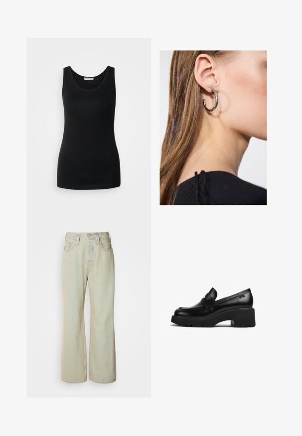 Schwarzes ärmelloses Tanktop, aus glattem Stoff, mit klassischem Rundhalsausschnitt und tailliertem Schnitt. Keine Muster oder Akzente.; Hellblaue Schlagjeans aus Denim mit hoher Taille, fünf Taschen und subtilen Ausbleichungen sowie kontrastierenden Nähakzenten.; Schwarze Leder-Loefer mit klobigem Absatz, dicker Sohle und einem Riemen über der Oberseite, seitlich auf einem weißen Hintergrund gezeigt.; Silberne Creolen mit polierter Oberfläche, die kleine goldene Akzentdetails und eine runde Form aufweisen, am Ohrläppchen getragen.