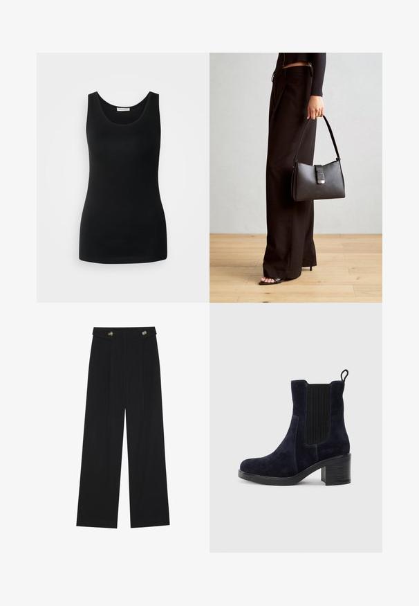 Camiseta sin mangas negra, hecha de tela suave, presenta un clásico escote redondeado y un diseño ajustado. Sin patrones ni acentos.; Pantalones de pierna ancha negros con cintura alta, detalles de botones en la cinturilla y pliegues en la parte delantera.; Botín de ante azul marino con panel lateral elástico, puntera redondeada y tacón de bloque. La tela texturizada y la suela lisa añaden contraste.; Bolso negro con forma estructurada, textura suave y un cierre metálico. Combinado con pantalones anchos negros y sandalias de dedo en un suelo de madera.