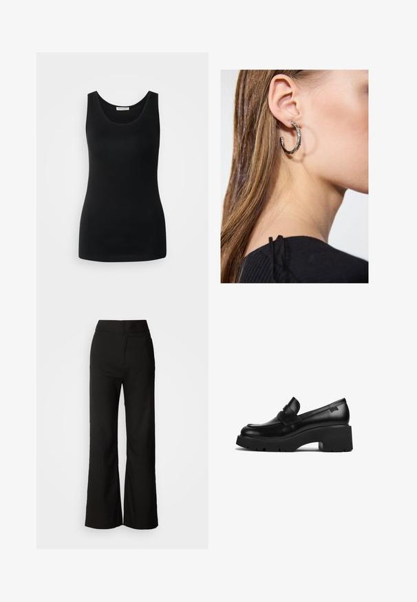 Svart ermeløs tanktopp laget av glatt stoff, har en klassisk rund halslinje og en tettsittende design. Ingen mønstre eller detaljer.; Sorte vidde-bukser med glatt tekstur, høy midje og et rent design. Ingen synlige lommer eller pynt.; Svart lær loafer med tykke hæler og tykt såle med en stroppdetalj over toppen, vist fra siden på en hvit bakgrunn.; Sølv ringøredob med en polert finish, med små gull detaljer og en rund form, båret på øreflippen.