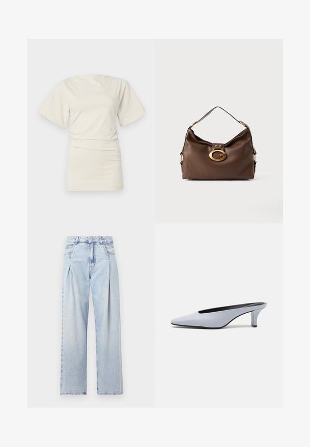 Top a maniche corte con scollatura rotonda in morbido tessuto bianco sporco, caratterizzato da un design arricciato sul lato per valorizzare la silhouette e una texture liscia.; Jeans in denim azzurro chiaro con vita alta, taglio a gamba larga, due tasche laterali e design plissettato. Texture morbida con una finitura sbiadita.; Mule in pelle lucida blu chiaro con punta affusolata, tacco trasparente basso e design elegante caratterizzato da un'apertura sulla parte superiore.; Borsa a mano in pelle marrone con una finitura testurizzata, dotata di un gancio in metallo dorato e di una singola tracolla curva.