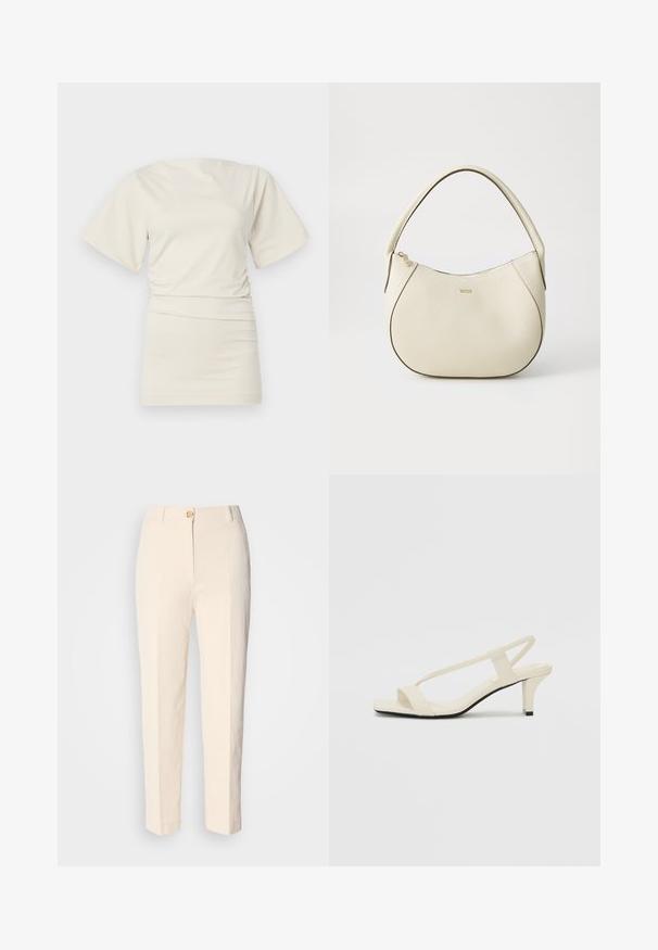 Top cu mânecă scurtă, guler rotund, dintr-un material moale de culoare albă-crem, având un design strâns pe lateral pentru formare și o textură netedă.; Pantaloni crem, cu talie înaltă, dintr-un material texturat. Au închidere cu nasture în față și picioare conice.; Sandale bej cu toc bloc, cu bretele subțiri și vârf pătrat. Material neted cu detalii minime, concepute pentru a fi ușor de purtat.; Geantă de mână de culoare crem, cu un finisaj texturat, formă curbată, mânere scurte și detalii cu logo auriu. Închidere cu fermoar în partea de sus.