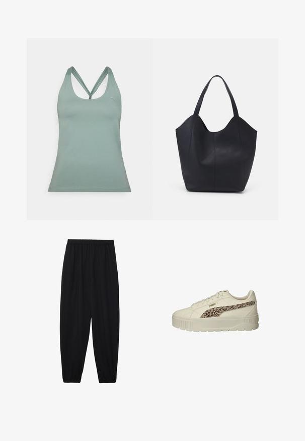 Svetlo zelena športna majica brez rokavov z okroglim izrezom, naramnicami v obliki križa in prilegajočim dizajnom. Narejena iz gladkega, raztegljivega materiala.; Črne, lahke hlače z elastičnim pasom in nabranimi gležnji. Tkanina je gladka in ima sproščen, taperiran dizajn.; Bež teniske z teksturo in vzorčastim leopardskim potiskom, debelim belim podplatom, okroglo konico in vezanjem. Lahka sintetična material.; Črna torba v obliki tote iz gladke usnjene površine, ki ima ukrivljen odprt vrh z dvema naramnicama in minimalističnim dizajnom.