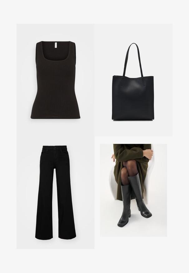 Samsøe Samsøe AMANZA TANK - Μπλούζα - black; Μαύρο παντελόνι με φαρδιά μπατζάκια από τζίν, με δομημένη μέση, θηλιές ζώνης και μπροστινές τσέπες. Λείος υφασμάτινος σχεδιασμός με κλασική εμφάνιση.; Μαύρες δερμάτινες μπότες έως το γόνατο με τετράγωνη μύτη και τετράγωνο τακούνι, παρουσιασμένες με ένα μοντέλο καθιστό σε ένα ελαιόλαδο πράσινο παλτό. Λείος υφής, ελάχιστη λεπτομέρεια.; Μαύρη δερμάτινη τσάντα tote με λείο υφή, ορθογώνιο σχήμα και δύο μακριές λαβές. Χωρίς ορατό υλικό ή διακοσμητικά στοιχεία.