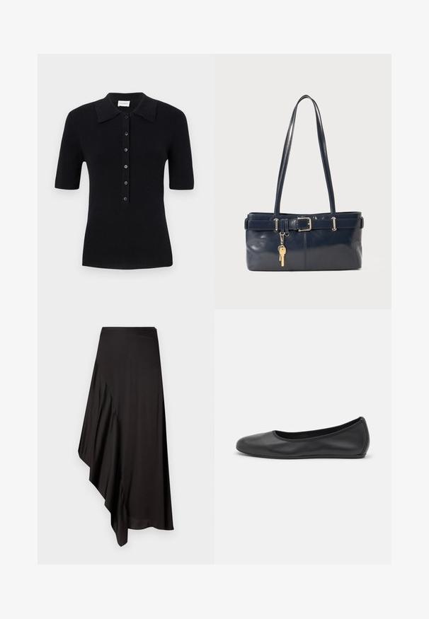 Polo shirt ribbed nera a maniche corte con colletto classico e chiusura a bottoni frontale. Presenta un tessuto testurizzato e linee di design pulite.; AERON ASTER SKIRT - Gonna a tubino - black; Pantofole da balletto nere in pelle con punta arrotondata, texture liscia, dettagli di cucitura minimi e design con suola flessibile.; Borsa a mano in pelle blu con due manici lunghi, un dettaglio con fibbia e un portachiavi attaccato. Presenta una texture liscia e una forma rettangolare.