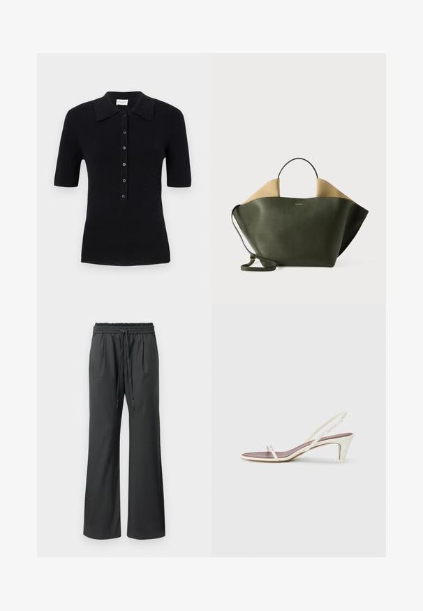 Czarna polo z krótkim rękawem, żebrowana, z klasycznym kołnierzykiem i zapięciem na guziki z przodu. Charakteryzuje się fakturowanym materiałem oraz prostymi liniami wzornictwa.; Czarne szerokie spodnie z elastycznym pasem i długimi sznurkami, prezentowane na jednolitym białym tle.; Białe sandały na koturnie z cienkimi paskami i gładką skórzaną fakturą; zawierają małą dekoracyjną klamrę.; Zielona skórzana torba tote o wyraźnym kształcie i brązowych akcentach na górze. Posiada krótki uchwyt oraz odpinany pasek na ramię.