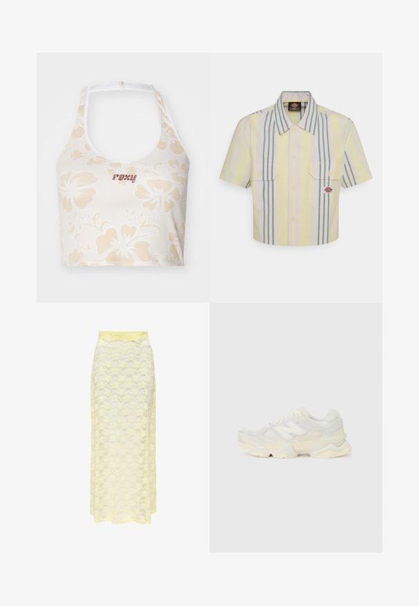 Top cropped branco com padrão floral, decorado com flores de hibisco em bege e um logo bordado "Roxy" em bordô. Apresenta um design de halter neck.; Camisa cropped de manga curta em amarelo claro com riscas verticais verdes e pastel. Possui dois bolsos no peito e um logo na bolsa esquerda.; Saia maxi amarela em renda com um padrão ondulado, apresentando uma cintura lisa e uma textura suave e transparente. Projetada para uma silhueta fluida.; Sapatilha leve com um upper em malha e camurça em tons suaves de creme, com uma sola robusta e acentos tridimensionais.