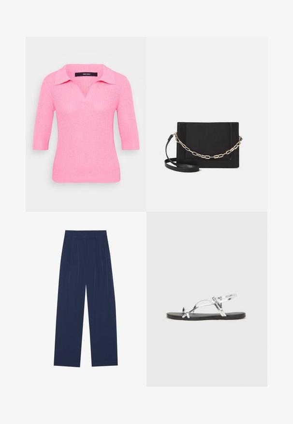 Rózsaszín kötött pulóver V-nyakkal és rövid ujjal. Bordás textúrával és galléros dizájnnal rendelkezik, illeszkedő siluettel.; Sötétkék, bő szárú nadrág puha anyagból, elől redőkkel, sima textúrával, egyenes szabással, látható zsebek nélkül.; Ezüst fémes szandálok minimális kialakítással, vékony pántokkal és fekete lapos talppal. Kiemeli a keresztpántos díszítést.; Fekete bőr keresztpántos táska, sima textúrával, téglalap alakú és fém lánc részlettel az elején. Állítható pánttal ellátva.