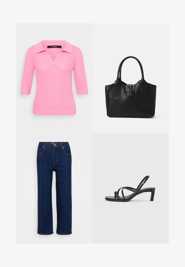 Roosa kudum särk V-kaelusega ja lühikeste varrukatega. Omab soonikutekstuuri ja kraega disaini, keha lähedane lõige.; Tumedad sinised sirged teksad nööp sulgemisega, esi- ja tagataskud ning nähtavad oranžid õmblused õmblustes.; Mustast rihmajalatsid ruudukujulise varba ja madala ploki kontsaga. Omab mitmeid õhukesi rihmasid ja reguleeritavat pahkluu rihma. Valmistatud siledast nahast.; Mustgamma nahast kott, millel on sile tekstuur, struktureeritud kuju, kaks käepidet ja esiküljel silmapaistev hõbedane pandla detail.; Hõbedane kahekordne rõngas sujuva, poleeritud pinnaga. Omab voolavat, kõverat disaini, millel on kattuvad sektsioonid, et saavutada kaasaegne ilme.