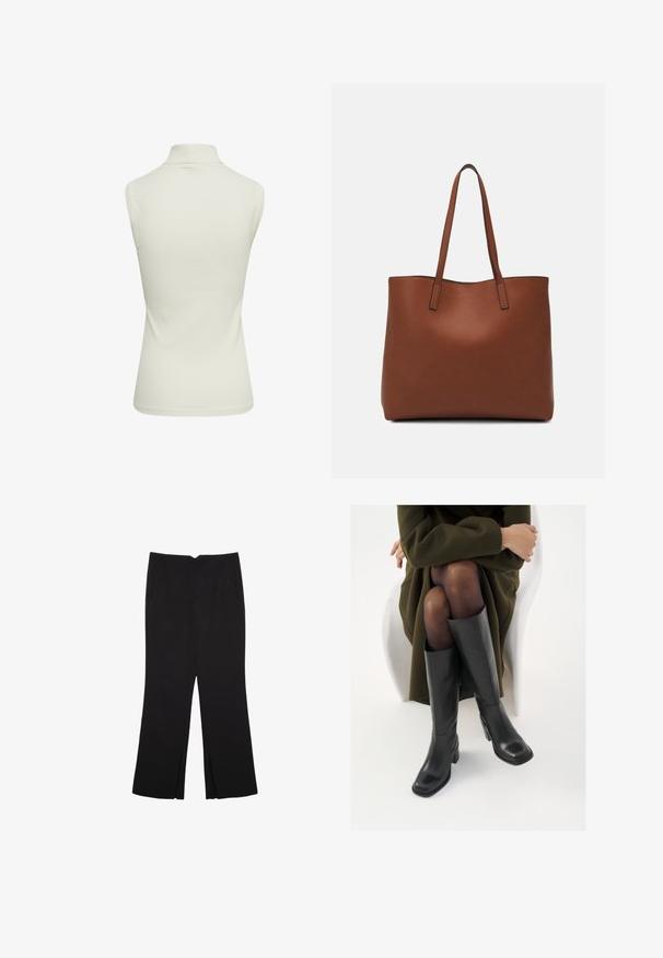 Sivumuhkainen, hihaton turtleneck-toppi vaalean kermanvärisenä. Suora pinta, tiukka malli ja siistit reunat, jossa on korkea kaulus.; Mustat housut suoralinjaisella leikkauksella, joissa on etutaskut ja sivurei'ät helman alla. Valmistettu pehmeästä ja sileästä kankaasta. Sopii eri tilaisuuksiin.; Polvisuoja mustat nahastossud, millel on ruudukujuline varvas ja plokk-kints, on esitatud mudeli seljas, kes istub oliivrohelises mantlis. Sile tekstuur, minimaalne detailitus.; Ruskea nahkainen olkalaukku, jossa on sileä pinta, avoin yläosa ja kaksi olkahihnaa. Omaavat vain minimaalisen ompelun eikä näkyvää metalliosaa.