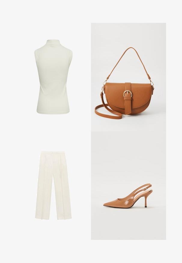 Ribbed, sleeveless turtleneck top in light cream color. Smooth texture with a fitted shape and clean edges, featuring a high neckline.; Wide-legged trousers in a light cream color. Made from a smooth fabric with pleats at the front and side pockets.; Pointed toe slingback heel in a smooth, glossy tan material. Features a curved cutout design and a slender stiletto heel. Silver buckle detail.; Brown leather crossbody bag with a curved shape, gold hardware, and a buckle accent. Features a detachable shoulder strap.