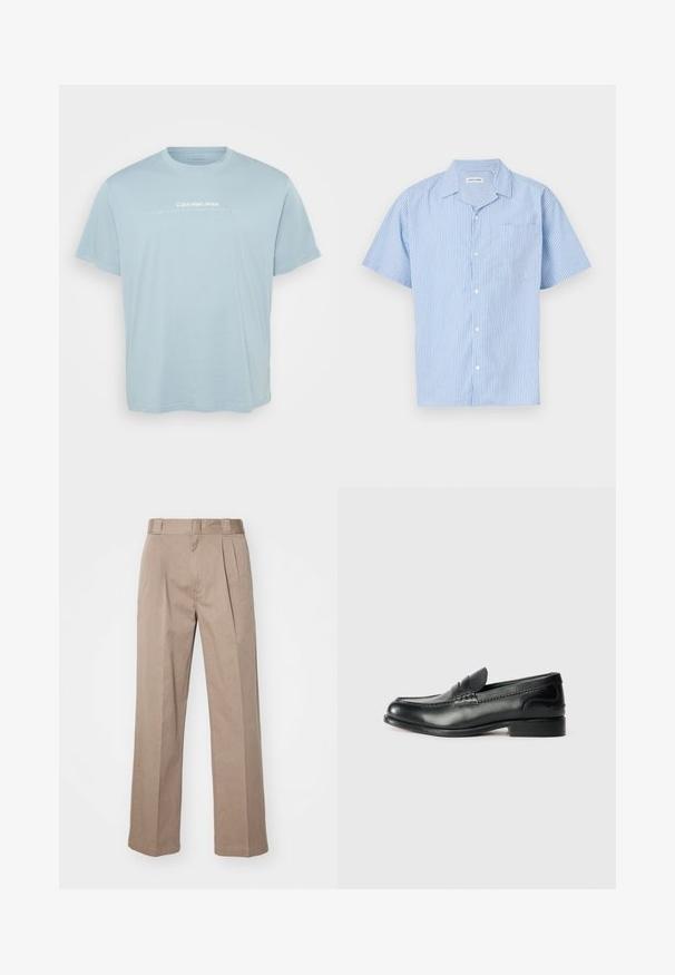 Ανοιχτό μπλε βαμβακερό T-shirt με στρογγυλή λαιμόκοψη, κοντά μανίκια και λευκό εκτυπωμένο λογότυπο στο στήθος. Απλός, χωρίς περιττές λεπτομέρειες σχεδιασμός.; Κοντομάνικο πουκάμισο με κουμπιά σε ανοιχτό μπλε χρώμα με κάθετες λευκές ρίγες. Διαθέτει γιακά και τσέπη στο αριστερό μέρος του στήθους. Μαλακή υφή υφάσματος.; Γκριζολευκά, ψηλόμεσσα παντελόνια με φαρδιά γραμμή. Διαθέτουν δύο πτυχώσεις μπροστά και λείο υλικό. Κανονικό μήκος με καθαρή φινίρισμα.; Μαύρα δερμάτινα μοκασίνια με μαλακή υφή, ραμμένες λεπτομέρειες στη βεντάλια και ελαφρώς ανυψωμένη φτέρνα.