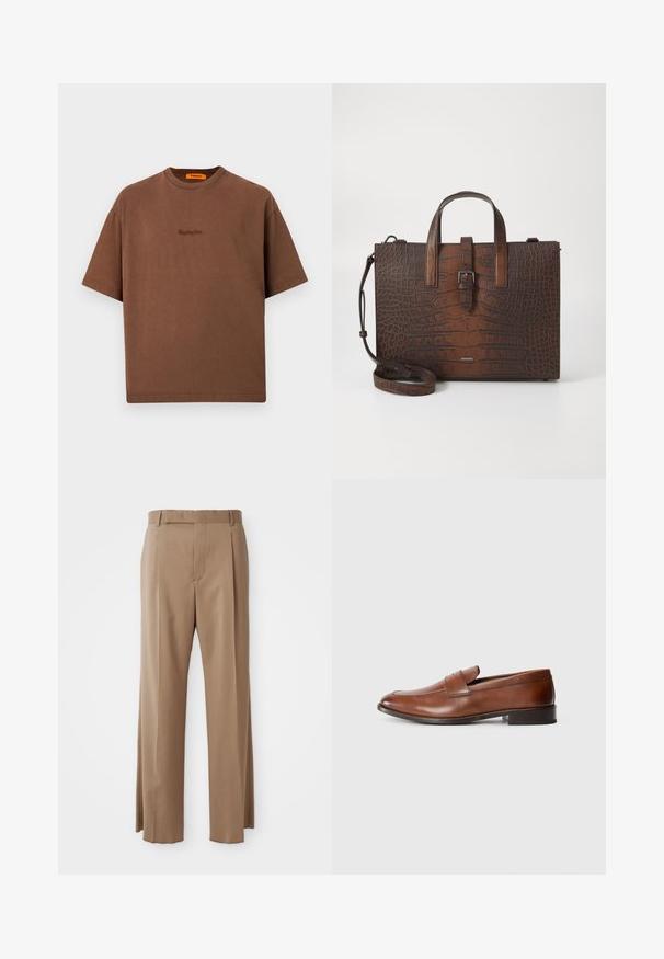 Barna pamut póló, laza fazonnal, kerek nyakkal és kis hímzett logóval az elején. Rövid ujjú, minimalista dizájn.; Világosbarna, testhez szabott nadrág egyenes szabással, övfokkal, elülső varrással és rejtett záródással, fehér háttéren laposan elhelyezve.; Barna bőr loaferek lekerekített orral, minimális varrással és alacsony blokk sarkú kialakítással. Díszítő pánt található a felsőrészen.; Barna krokodilbőr hatású bőr kézitáska tetejére erősített füllel és levehető vállpánttal. Csattal záródik, és téglalap alakú.