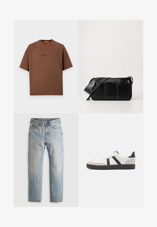 Rudas medvilninis marškinėliai su laisvu siluetu, apvaliu kaklu ir mažuoju siuvinėtų logo priekyje. Trumpi rankogaliai, minimalus dizainas.; Šviesiai mėlynos džinsinės kelnės su aukštu liemeniu, priekyje mygtukas, užtrauktukas ir penkių kišenių dizainas, išklotos ant neutralios fono.; Balti sportbačiai su juodais ir pilkais akcentais, pasižymintys tekstūruotu pilku pirštų dangteliu, juoda gumine padais ir plokščiomis baltomis raišteliais. Švarus dizainas, minimalistinis stilius.; Juodas odinis pečių krepšys su užtrauktuku, turintis tekstūruotą paviršių, baltą siuvinėjimą ir dirželį su sidabinėmis metalinėmis detalėmis.