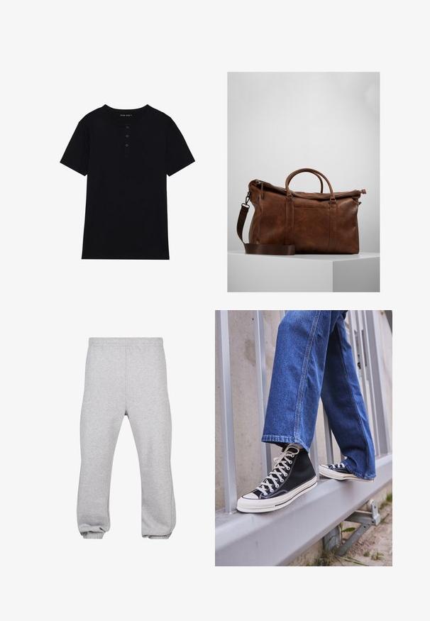 Sort kortærmet t-shirt i bomuld med rund halsudskæring og tre-knaps lukning. Glat tekstur med regular fit.; Grå sweatpants lavet af bomuldsblanding, med elastisk talje, tapered ben og manchetter. Enkel design uden mønstre.; Sorte høj-top sneakers med hvid sål og snørebånd, parret med løse blå denimjeans, hvilende på et gråt gelænder.; Brun læder gymtaske med lynlåslukning, dobbelte håndtag, justerbar skulderrem og synlige teksturmønstre på overfladen.
