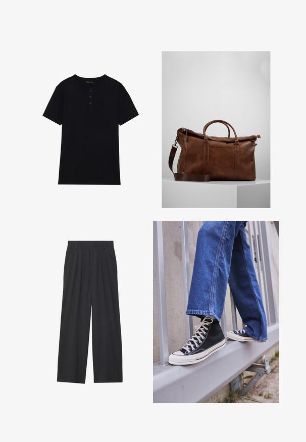 Must have lühikeste varrukatega must puuvillane T-särk, millel on ümar kaelus ja kolmest nupust koosnev kinniti. Sile tekstuur ja tavaline lõike.; Laiene püksid, mis on valmistatud tumedast hallist kangast. Omavad vööümbrikus voldikuid, on kohandatud disainiga ja sirge siluett.; Mustad mustade kõrgete tossudega, millel on valge tallaga ja valged paelad, koos vaba sinise denimidega, mis puhkavad hallil piiridel.; Pruunist nahast nädalavahetuse kott, millel on lukuga sulgur, topeltkäepidemed, reguleeritav õlavarre rihm ja nähtavad tekstuurimustrid pinnal.