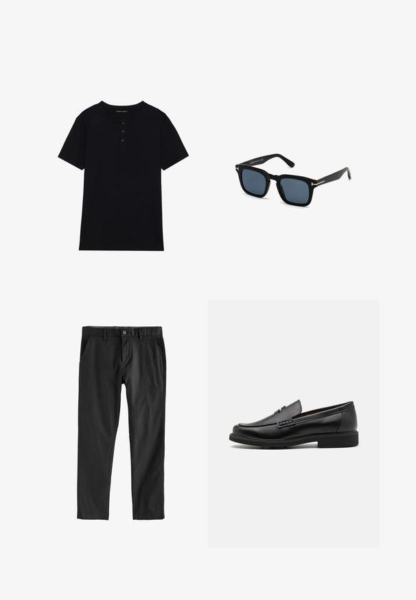 Czarna koszulka z krótkim rękawem wykonana z bawełny, z okrągłym dekoltem i listwą z trzema guzikami. Gładka tekstura, o regularnym kroju.; Czarne spodnie z gładkiego materiału, z zapięciem na guzik, kieszeniami bocznymi i prostym krojem nogawek. Bez widocznych wzorów ani faktury.; Czarne syntetyczne mokasyny z wyraźnym przeszyciem z przodu, wyściełaną wkładką i płaską gumową podeszwą; smukły design z minimalnymi detalami.; Czarne kwadratowe okulary przeciwsłoneczne z ciemnymi soczewkami, matowym wykończeniem i złotymi metalowymi akcentami na zausznikach, charakteryzujące się minimalistycznym designem.