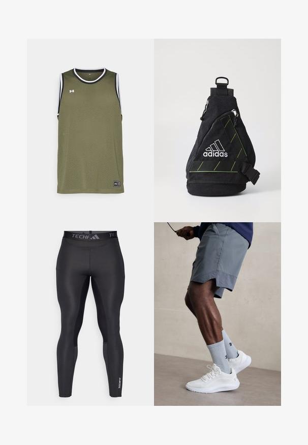 Ελαιοπράσινη κοντομάνικη μπλούζα από πλέγμα χωρίς μανίκια με μαύρες και λευκές λεπτομέρειες, περιλαμβάνοντας ετικέτα λογότυπου στο τελείωμα και αναπνεύσιμο ύφασμα για άνεση.; Μαύρα αθλητικά κολάν με απαλή υφή, που διαθέτουν φαρδιά μέση με την ένδειξη "TECHFIT" και διακριτικές πλευρικές πινελιές.; Λευκά αθλητικά παπούτσια με υφασμάτινη επένδυση από πλέγμα, συνδυασμένα με ανοιχτό μπλε σόκες με ρίγες και λογότυπο. Γκρι αθλητικές βερμούδες με περιμετρική τρύπα.; Μαύρη υφασμάτινη τσάντα με λεία υφή, λευκό λογότυπο, πράσινες λεπτομέρειες, ρυθμιζόμενος ιμάντας και μπροστινή τσέπη με φερμουάρ. Συμπαγές και τριγωνικό σχήμα.